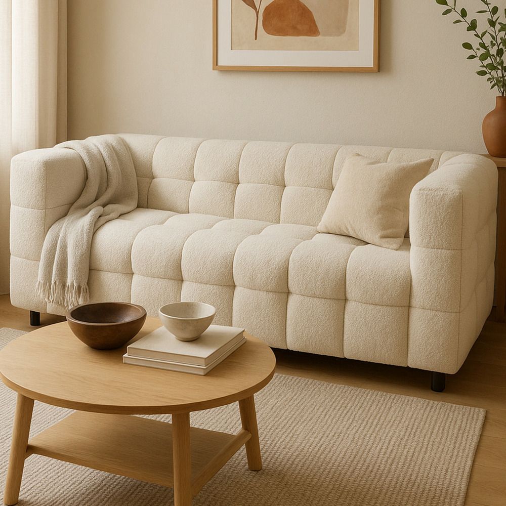 Canapé droit 2 places capitonné amance en tissu bouclette beige