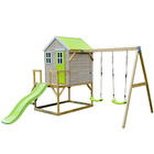 Maison de jardin enfant extérieur avec plateforme, toboggan et double balançoire