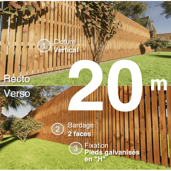 Kit clôture bois moderne 20m – h 2,3m – 20 x 70 mm autoclave marron – pose vertical – double face – support galva