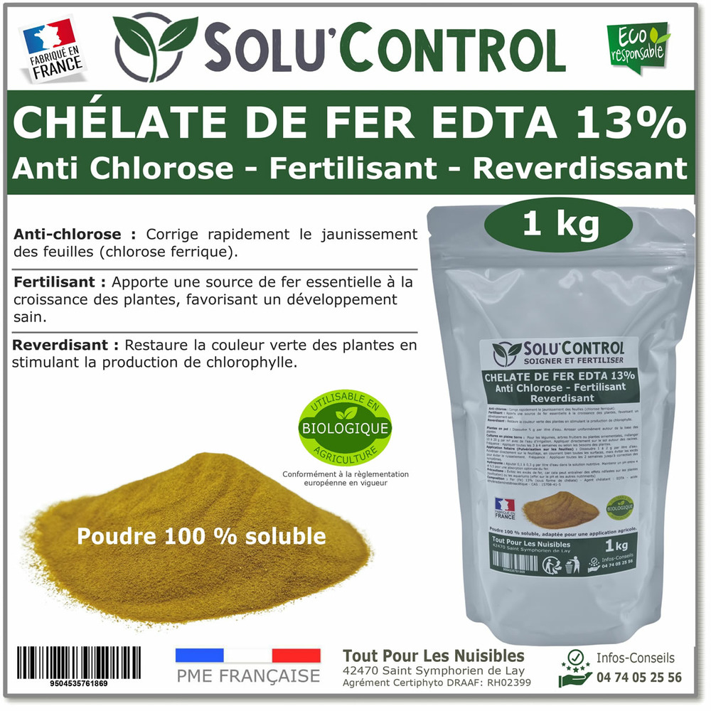 Solu'contrôl chélate de fer edta 13%, anti-chlorose, fertilisant, reverdissant-1 kg