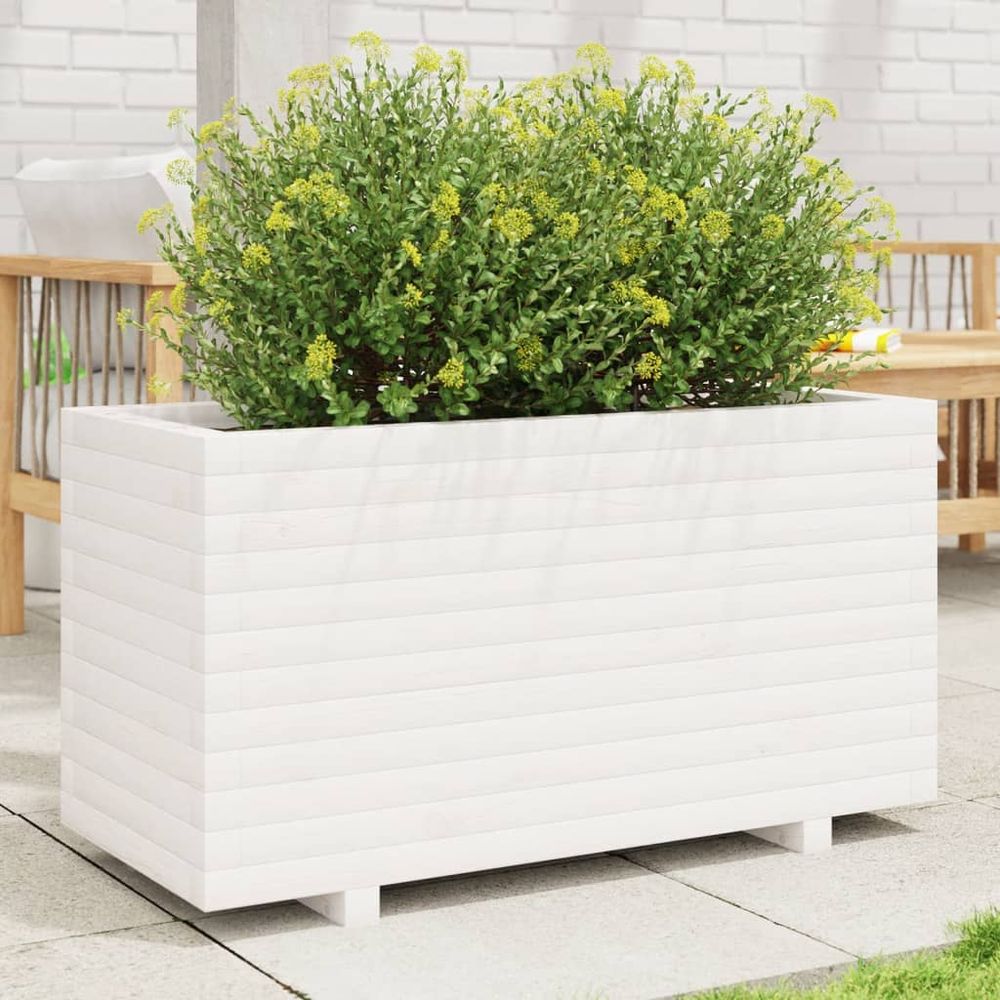 Grande jardinière rectangulaire bois massif blanc 90x40cm terrasse