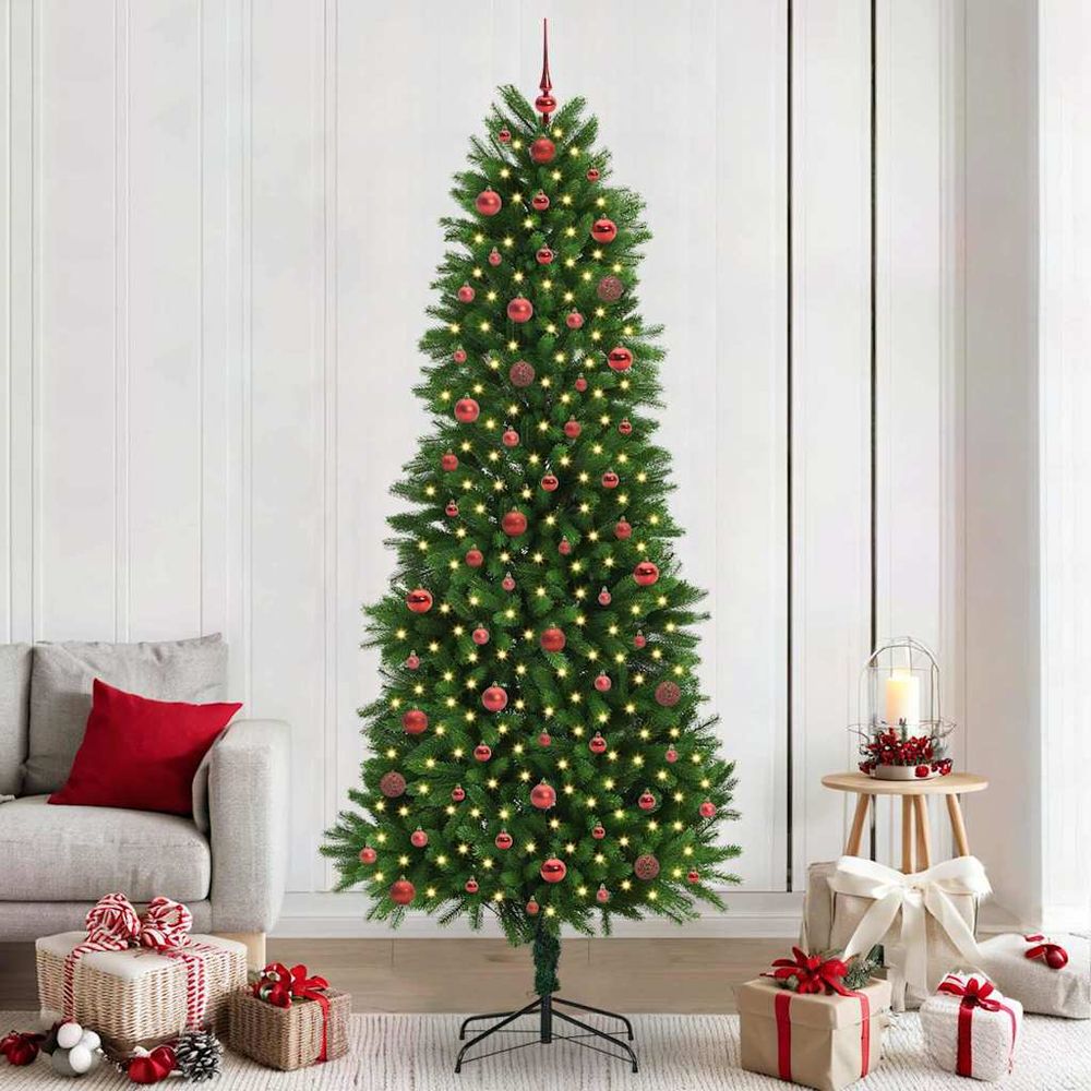 Sapin de noël pe haut de gamme 2,40m, entièrement décoré avec boules et guirlande lumineuse