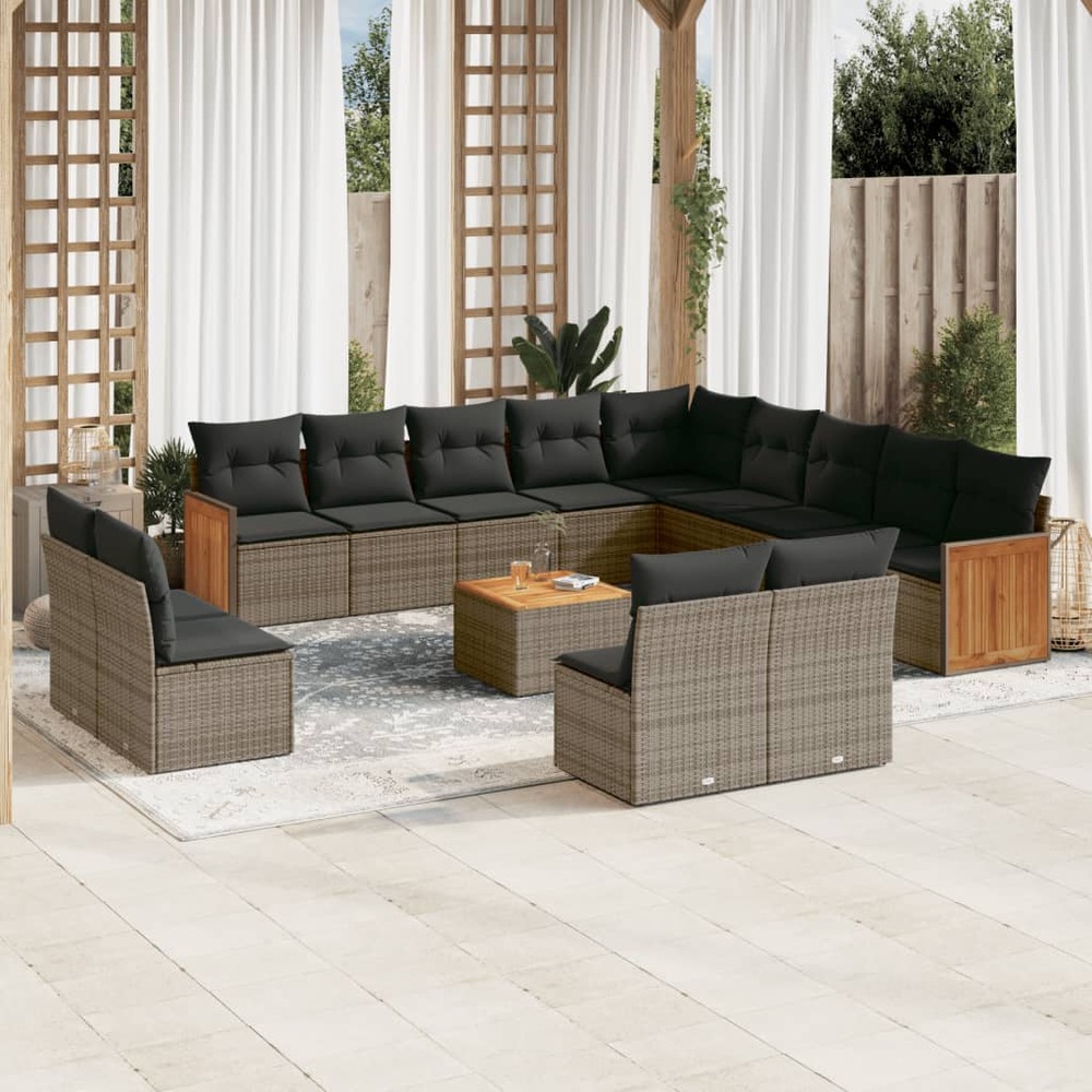 Salon de jardin avec coussins 14 pcs gris résine tressée