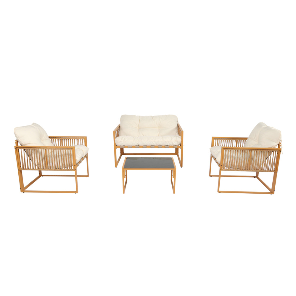 Salon de jardin 4 places effet rotin coussins blancs turini