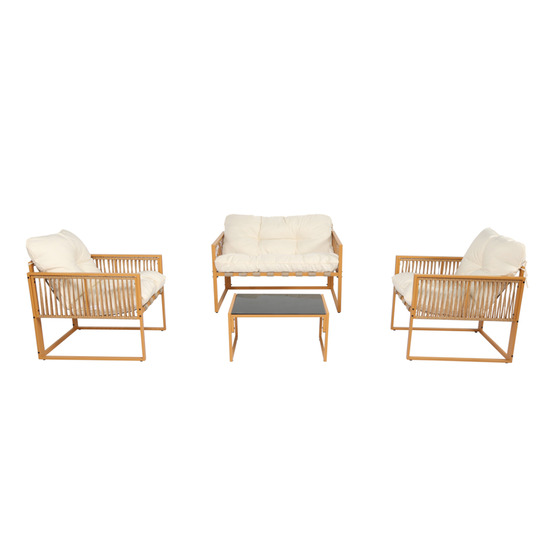 Salon de jardin 4 places effet rotin coussins blancs turini