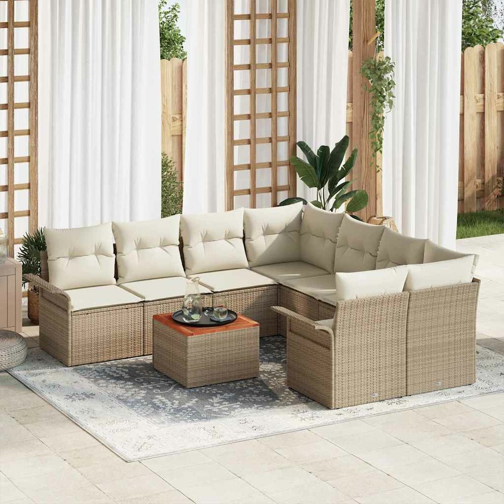 Ensemble de canapé de jardin avec coussin 9 pcs beige polyrotin