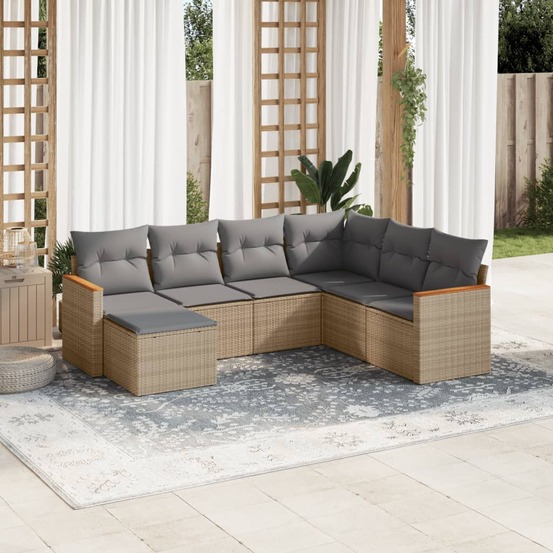 Salon de jardin avec coussins 7 pcs beige résine tressée