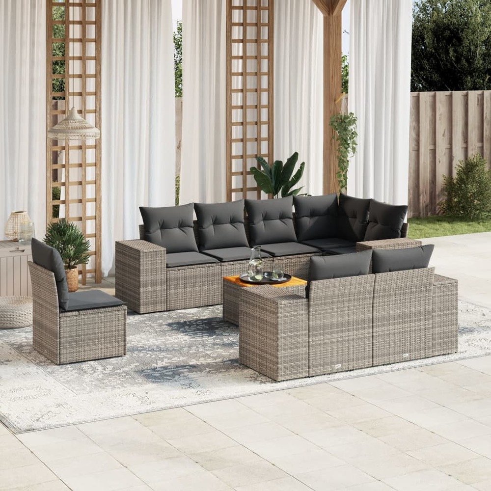 Salon de jardin 9 pcs avec coussins gris résine tressée