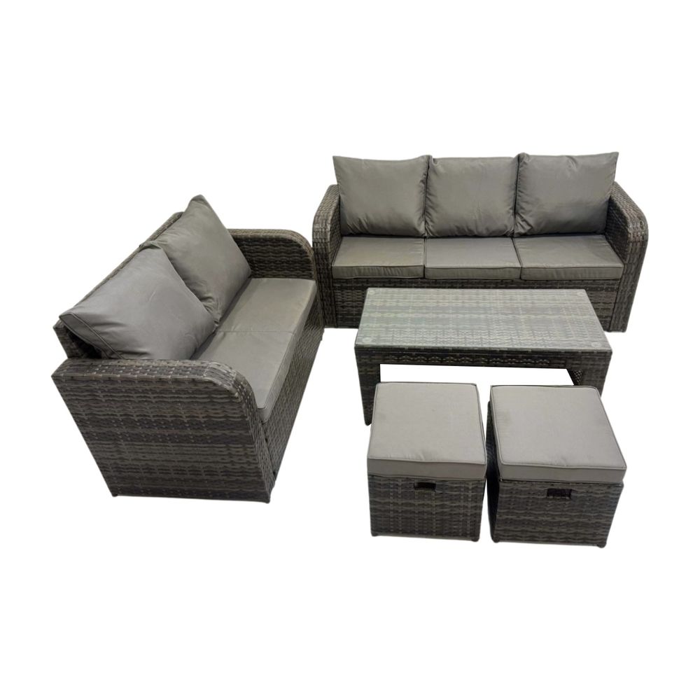 7 places salon de jardin exterieur avec table basse rectangulaire 2 petits tabourets gris foncé mixte