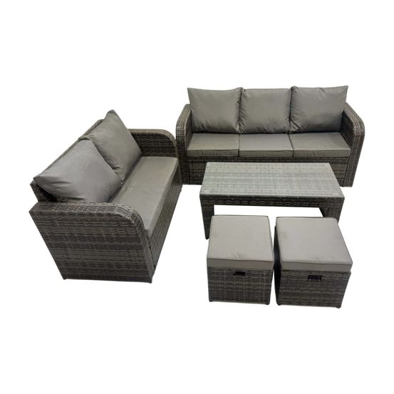 7 places salon de jardin exterieur avec table basse rectangulaire 2 petits tabourets gris foncé mixte