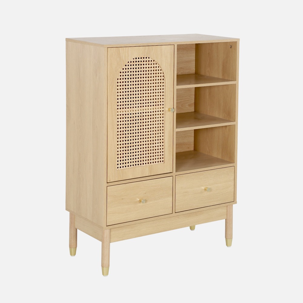 Buffet décor bois et cannage 1 porte 2 tiroirs - 75 x 35 x 100 cm - judith