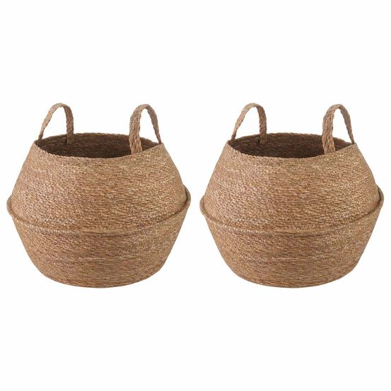 Lot 2 cache-pots poignées herbe de mer salon patio nature ø32cm marron