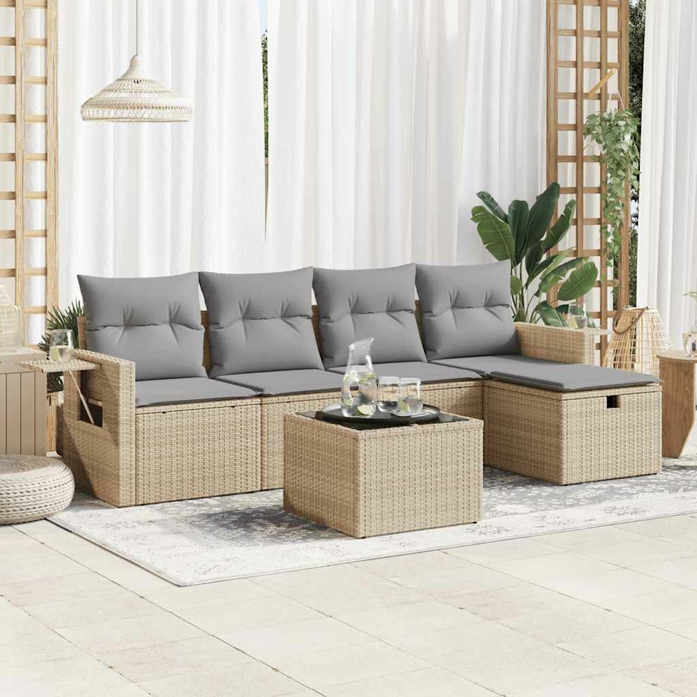 Salon de jardin avec coussins 6 pcs beige résine tressée