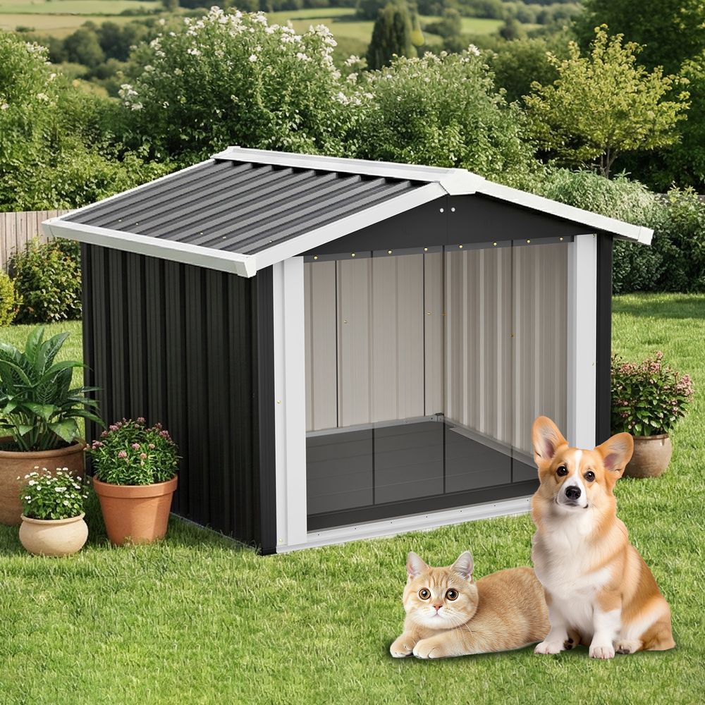 Niche pour chien extérieur métal 102,4 x 91 x 84,7 cm noir étanche anti-uv toit incliné ventilé pour jardin