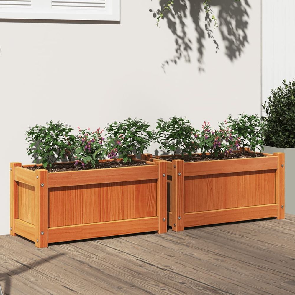 Lot de 2 jardinières en pin finition cire marron pour terrasse 60 cm