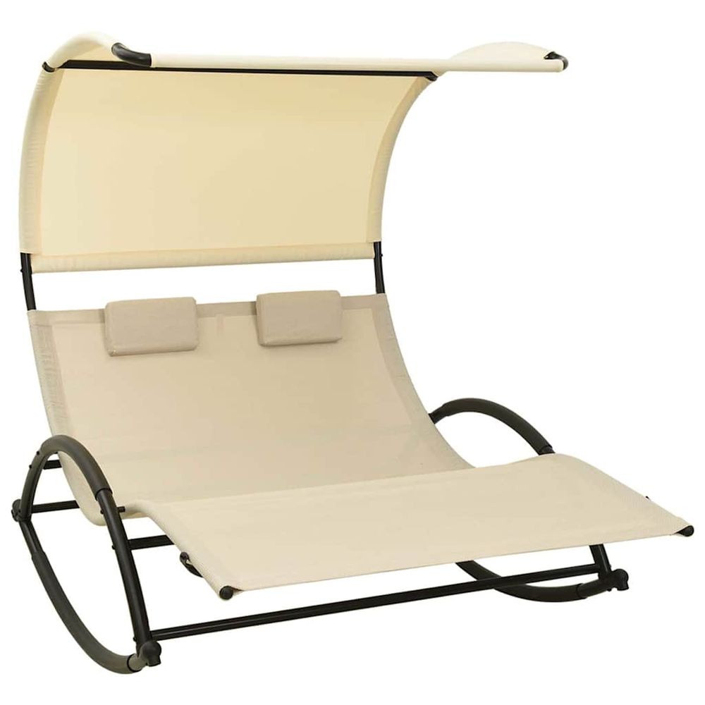 Chaise longue double avec auvent textilène crème