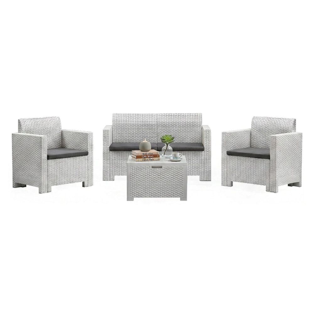 Ensemble de salon d'extérieur gazania, salon de jardin avec coussins, salon d'intérieur effet rotin, 100% made in italy, blanc