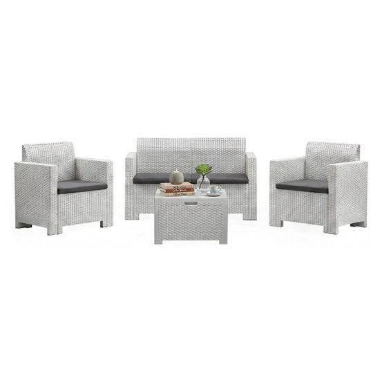 Ensemble de salon d'extérieur gazania, salon de jardin avec coussins, salon d'intérieur effet rotin, 100% made in italy, blanc