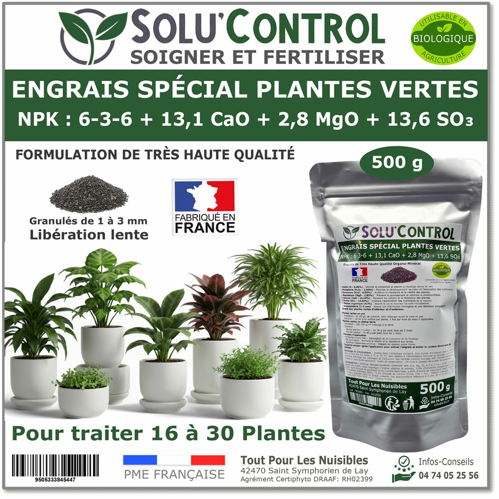 500 g engrais spécial plantes vertes 6-3-6 - croissance, feuillage dense & vitalité - formulation organo-minerale