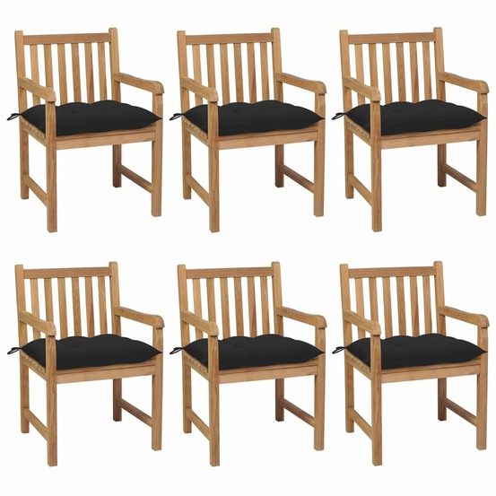 Chaises de jardin lot de 6 et coussins noir bois de teck solide