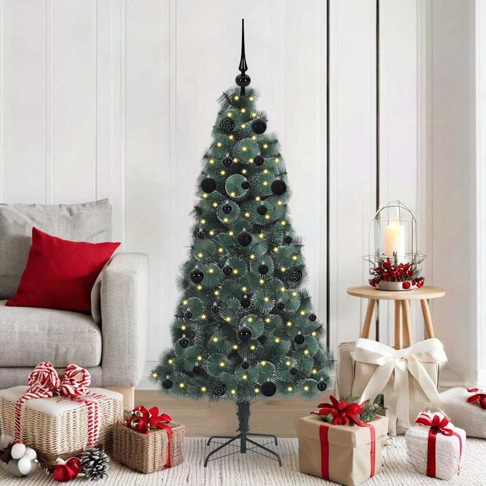 Sapin de noël artificiel à poser vert, décoration complète avec 61 boules et led usb