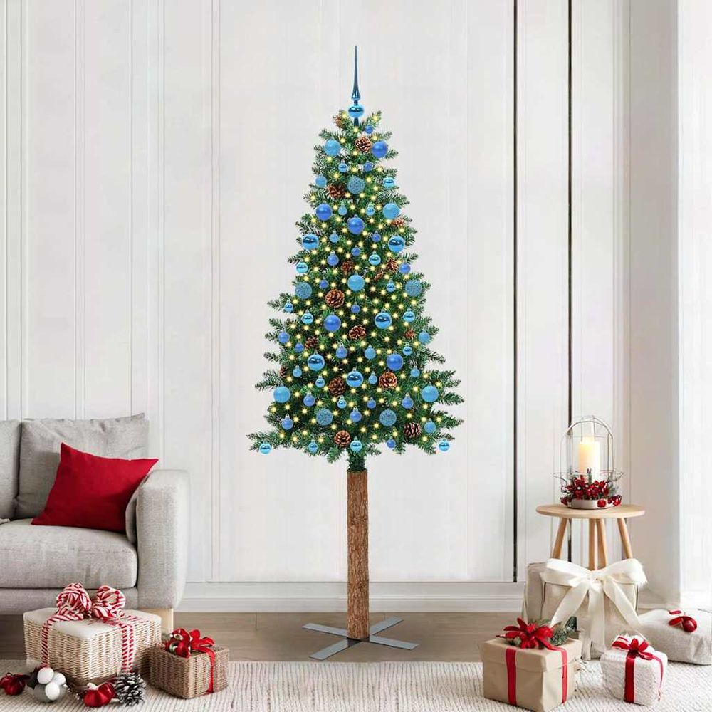 Sapin de noël artificiel haut de 210 cm, silhouette fine avec lumières et décorations comprises