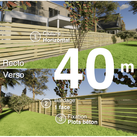 Kit clôture bois moderne 40m – h 0,9m – 20 x 60 mm autoclave vert – pose horizontal – simple face – à sceller