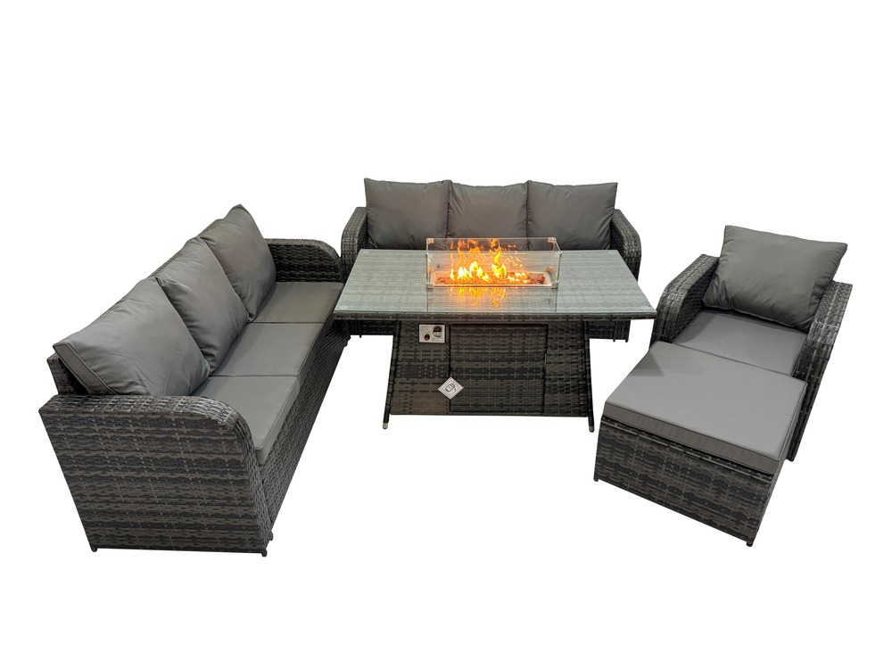 Ensemble repas de jardin exterieur table de foyer à gaz chaise inclinable canapé 3 places et avec grand tabouret 8 places