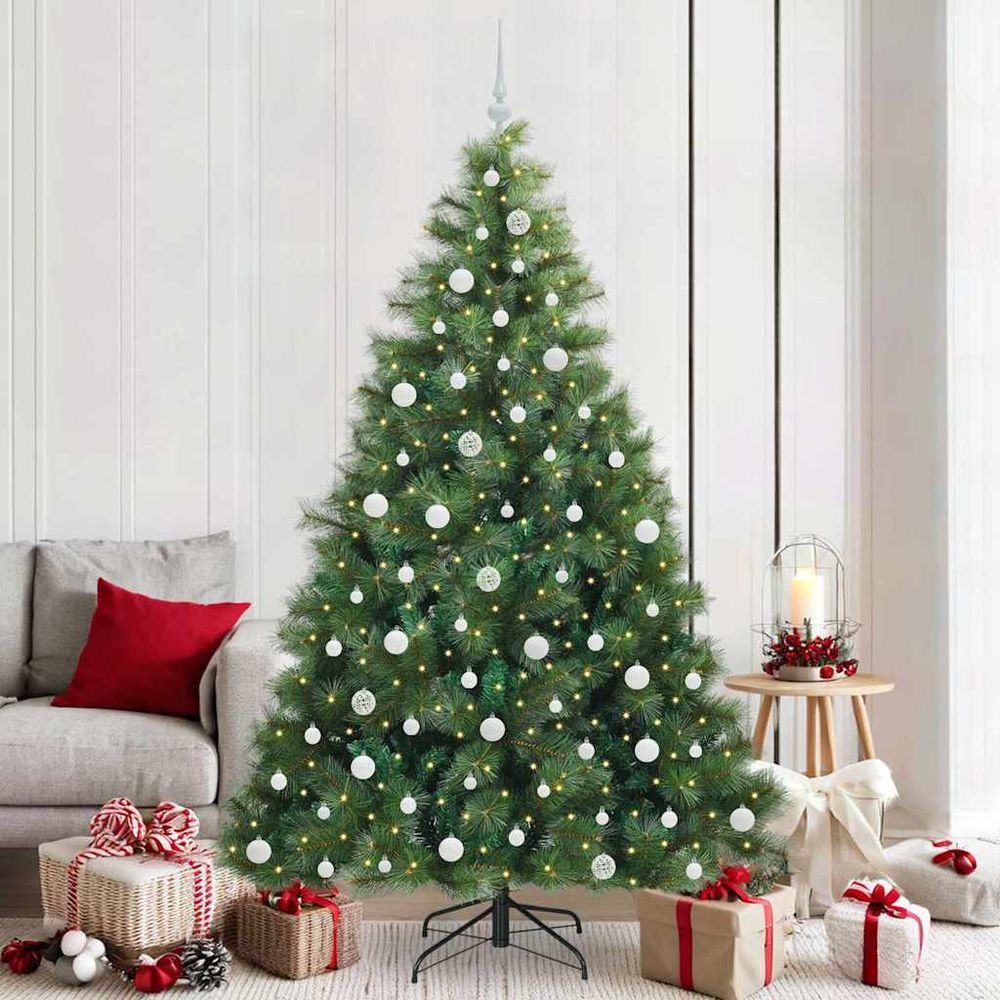 Sapin de noël artificiel complet 210 cm vert, kit décoré 120 boules et 300 led