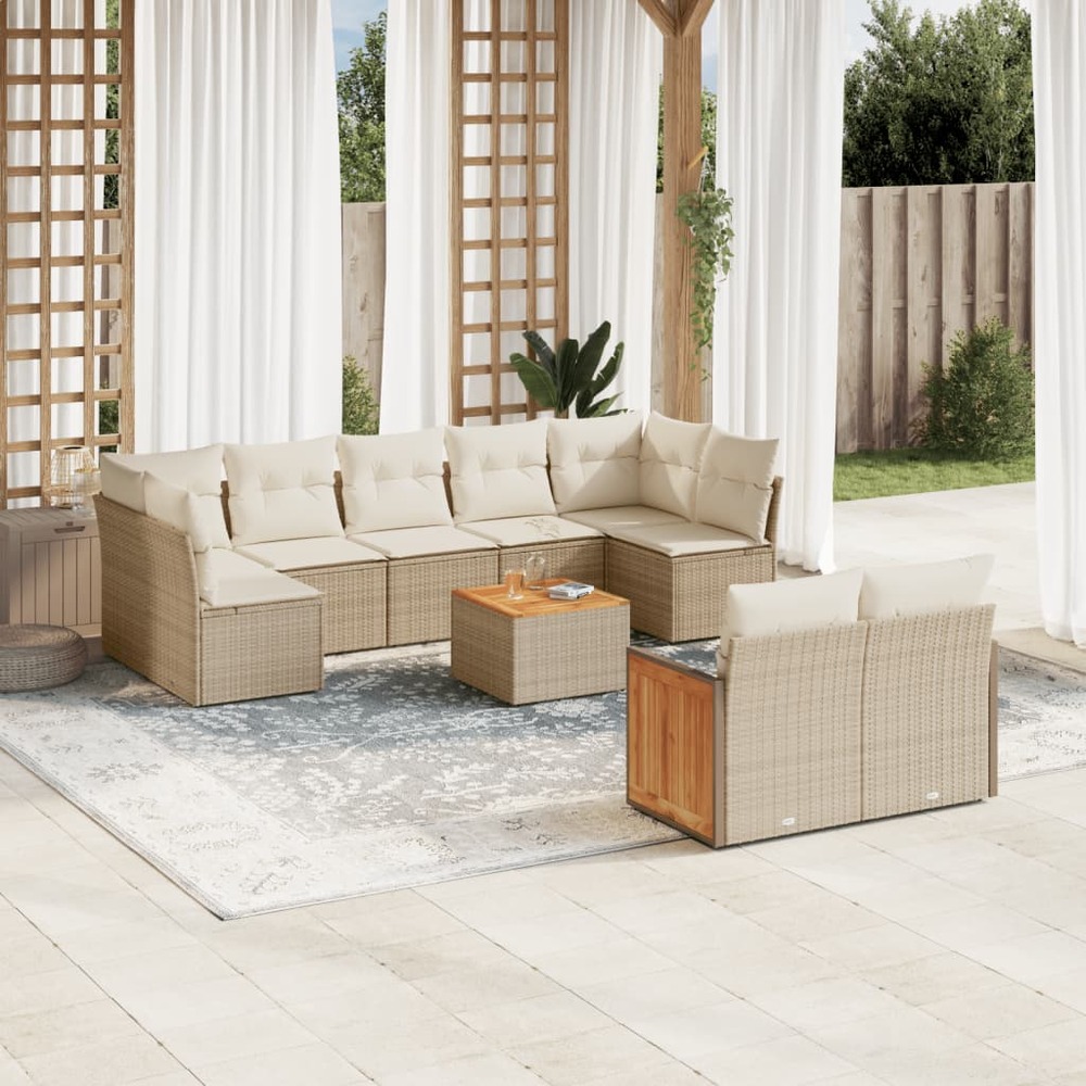 Salon de jardin avec coussins 10 pcs beige résine tressée