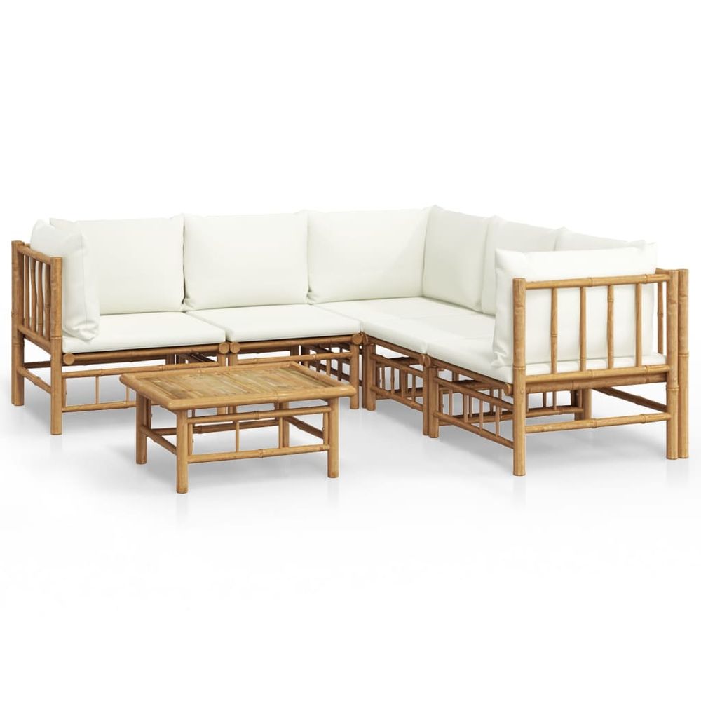 Salon de jardin 6 pcs avec coussins blanc crème bambou