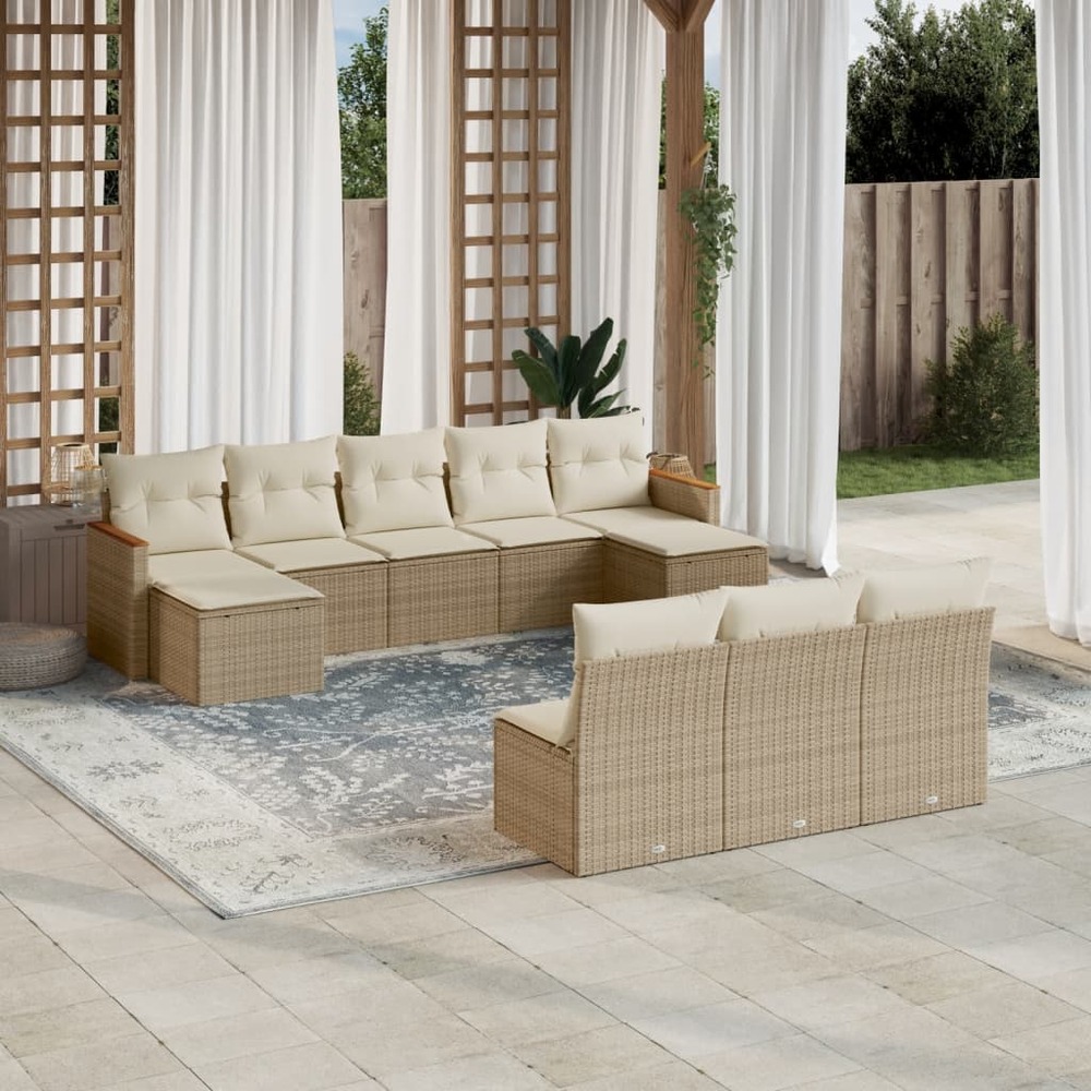 Salon de jardin avec coussins 10 pcs beige résine tressée