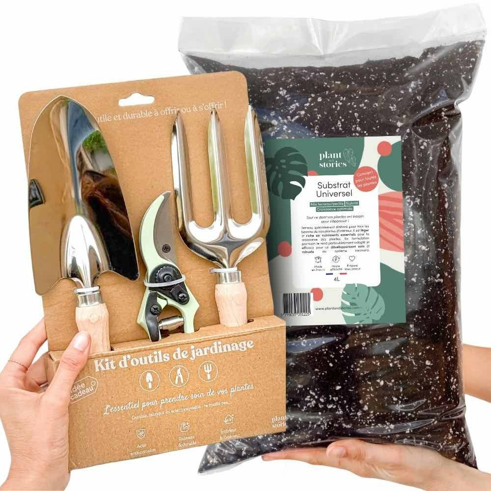 Duo - kit de 3 outils + substrat universel 10l - pack jardinage essentiel