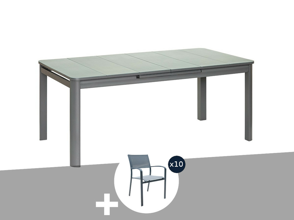 Ensemble table rectangulaire extensible et 10 chaises de jardin en aluminium gri