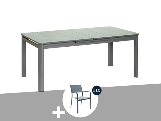 Ensemble table rectangulaire extensible et 10 chaises de jardin en aluminium gri