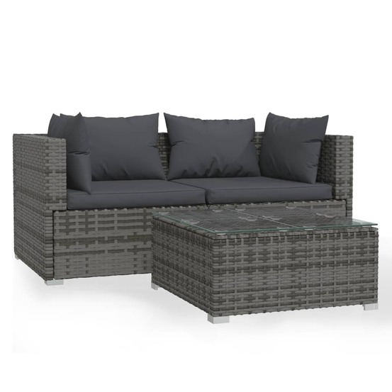 Salon de jardin meuble d'extérieur ensemble de mobilier 3 pièces avec coussins gris résine tressée