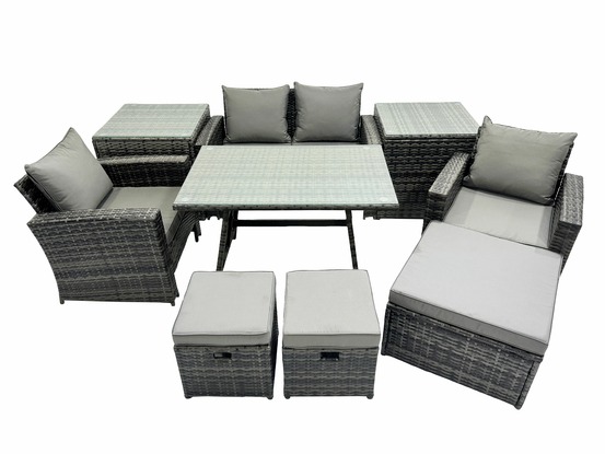 Ensemble de meubles de jardin avec table à manger rectangulaire fauteuil canapé 2 places 3 tabourets