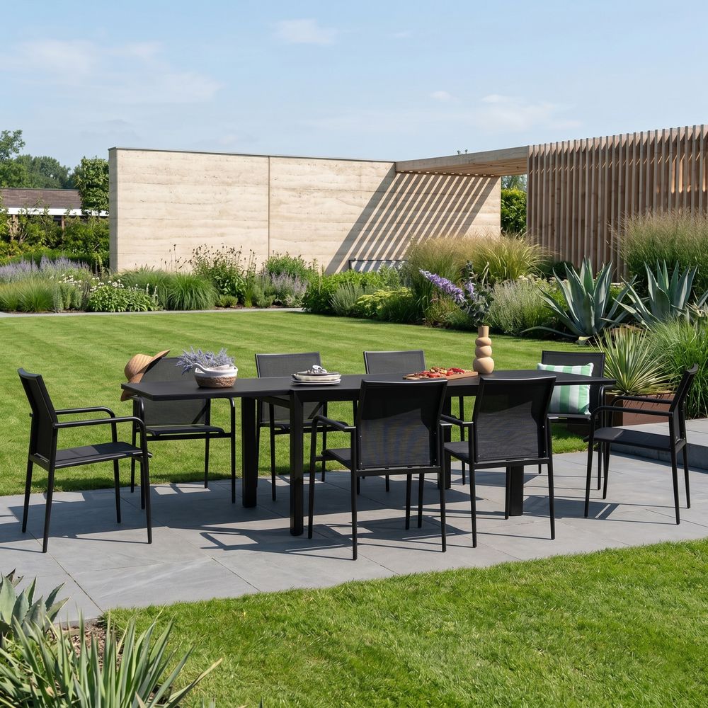 Ensemble de jardin aluminium et verre poli noir 8/12p modulo avec 10 fauteuils