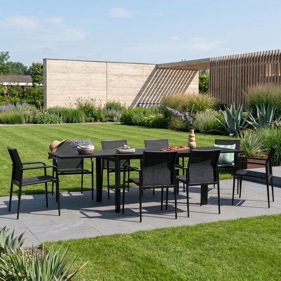 Ensemble de jardin aluminium et verre poli noir 8/12p modulo avec 10 fauteuils