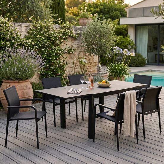 Ensemble de jardin aluminium et verre poli noir 4/8p modulo avec 6 fauteuils