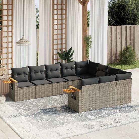Salon de jardin avec coussins 10 pcs gris résine tressée