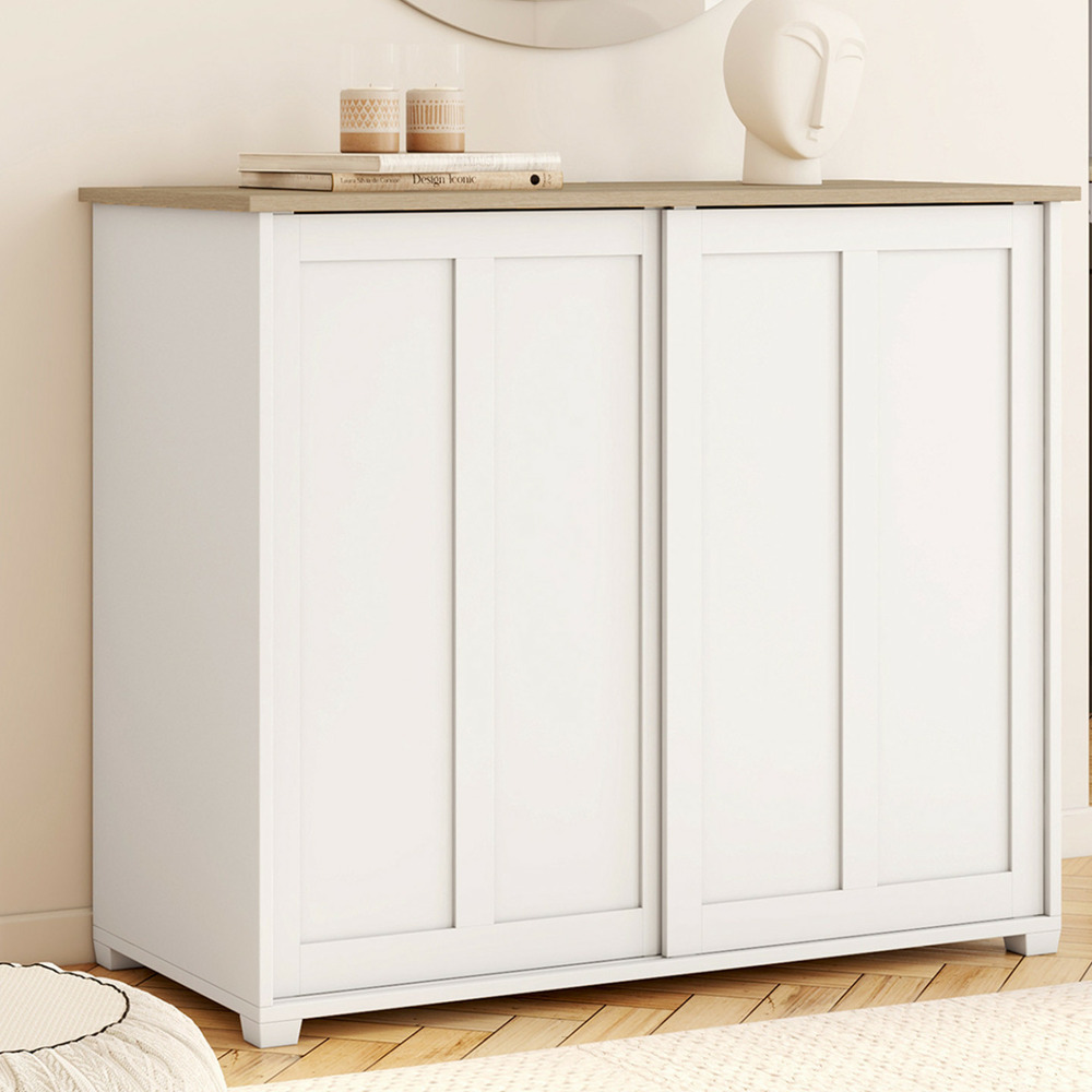 Buffet 100 cm jango 2 portes coulissantes blanc et plateau bois