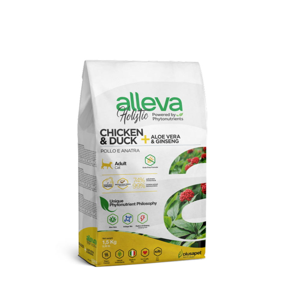 Croquette sans céréales pour chat adulte aux poulet et canard, aloe vera et ginseng