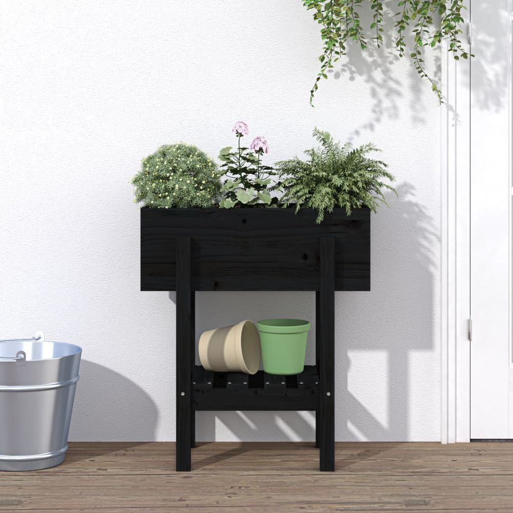 Jardinière sur pieds bois de pin avec étagère pour jardin balcon noir 62cm