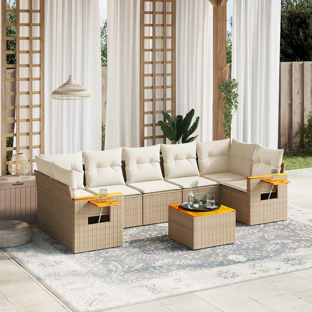Salon de jardin avec coussins 8 pcs beige résine tressée