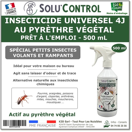 Solu’control insecticide universel 4j au pyrèthre végétal – prêt à l’emploi 500 ml – spécial insectes volants et rampants
