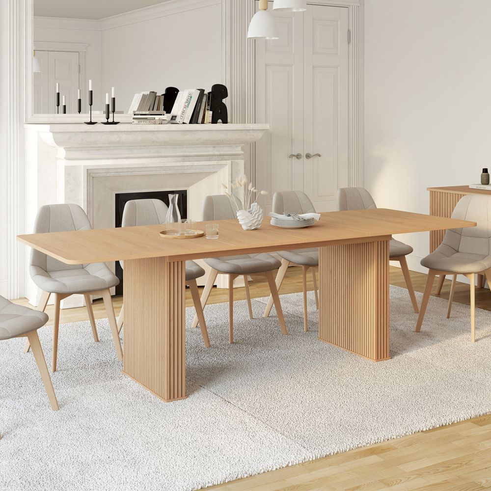 Table à manger extensible rectangle juliette 6-12 personnes pieds lattes tasseau bois coloris chêne 160-240 cm