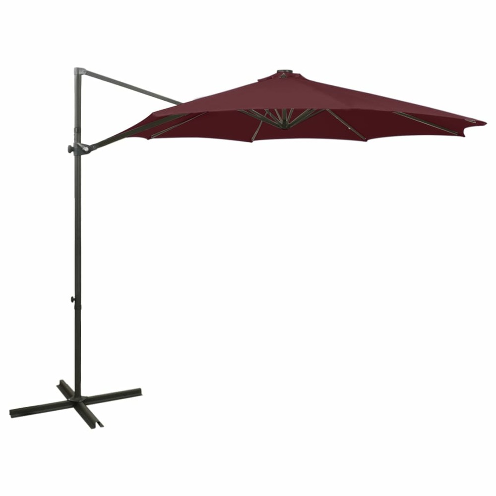 Parasol meuble de jardin déporté avec mât et lumières led rouge 300 cm bordeaux