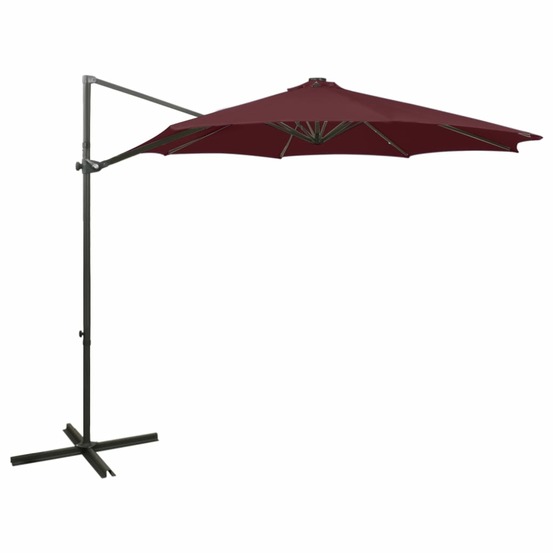 Parasol meuble de jardin déporté avec mât et lumières led rouge 300 cm bordeaux