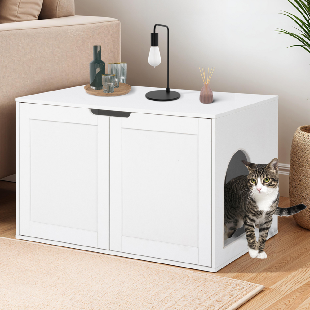 Maison de toilette chat - cache-litière avec doubles portes blanc